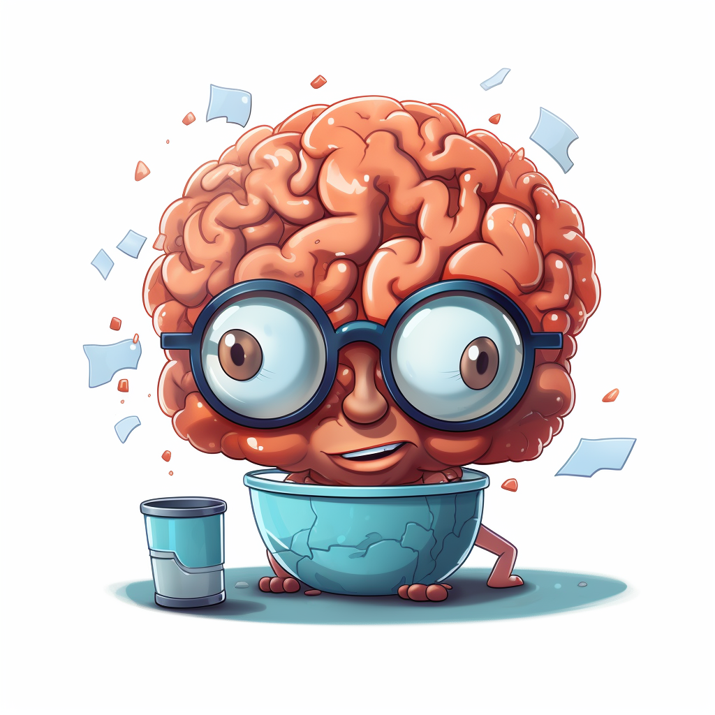 Cartoon brain in vat wearing glasses