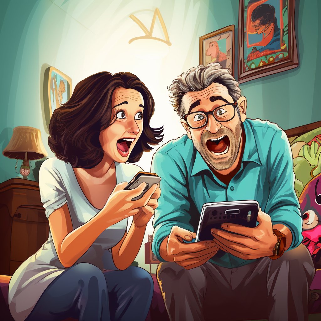 Cartoon caricature couple using mobile phone