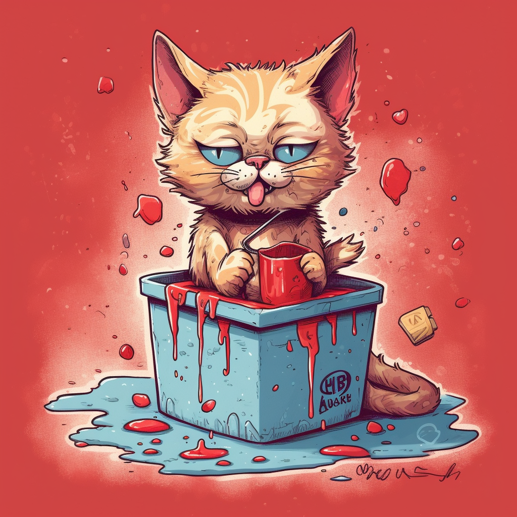 Funny Cartoon Cat Playing in Red Litter Box