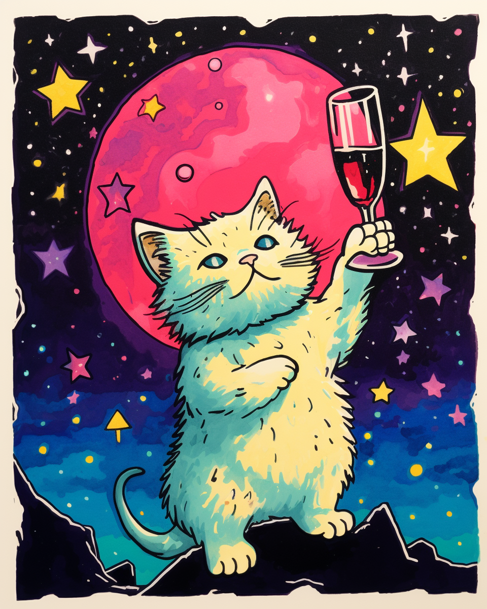 Cartoon cat with wine on disintegrating platform under stars