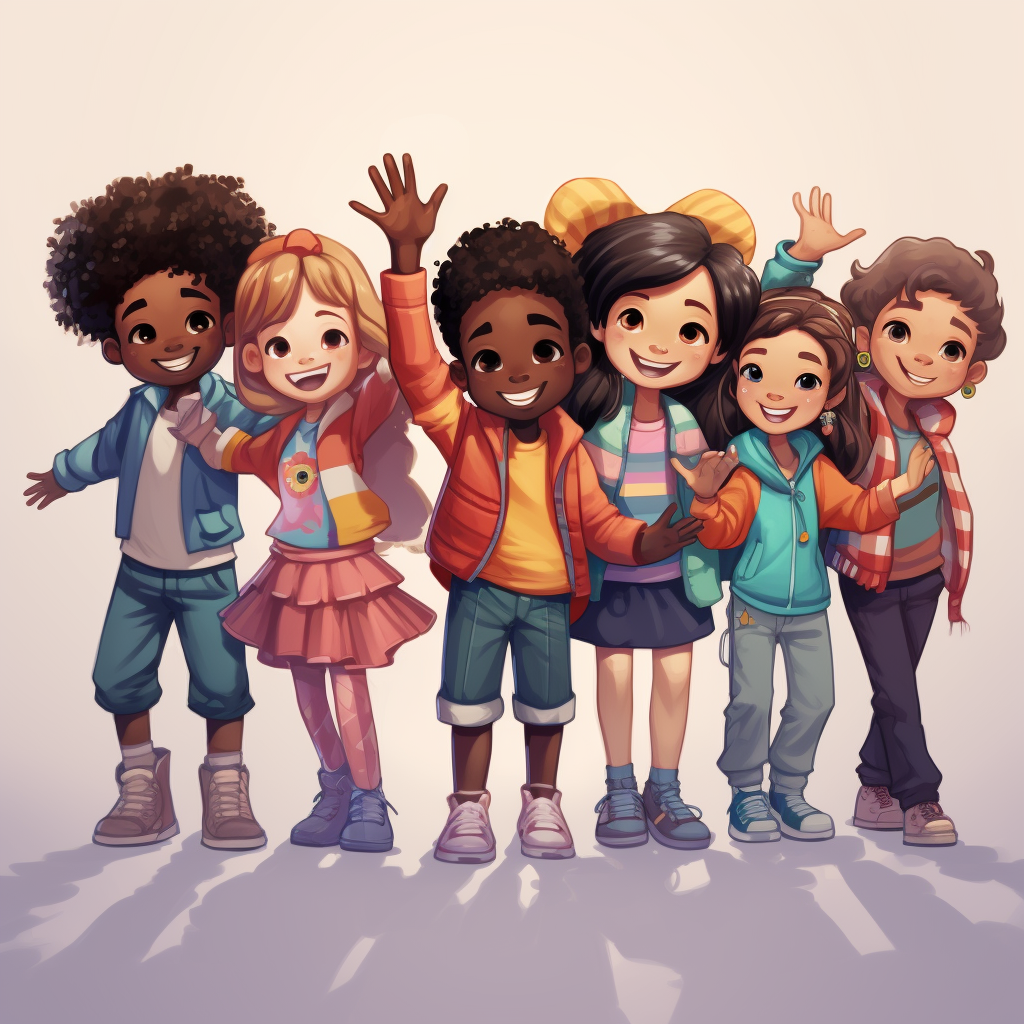 Smiling waving cartoon children group