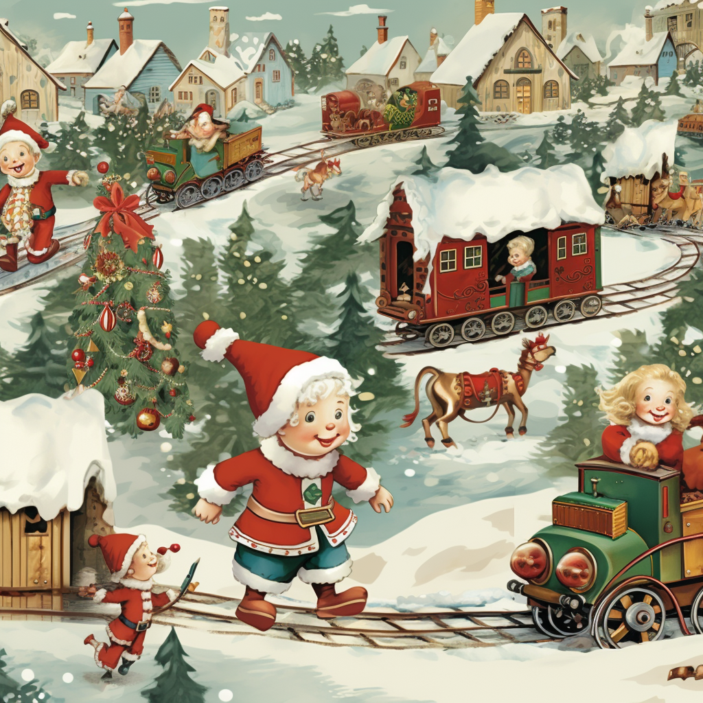 Joyful Christmas Elves with Toy Train