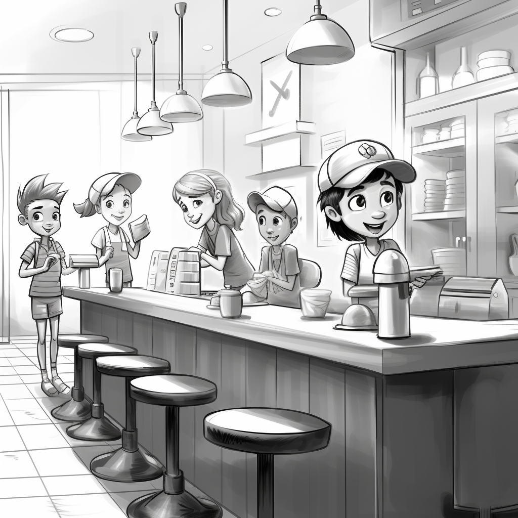 Simple black and white coffee shop cartoon