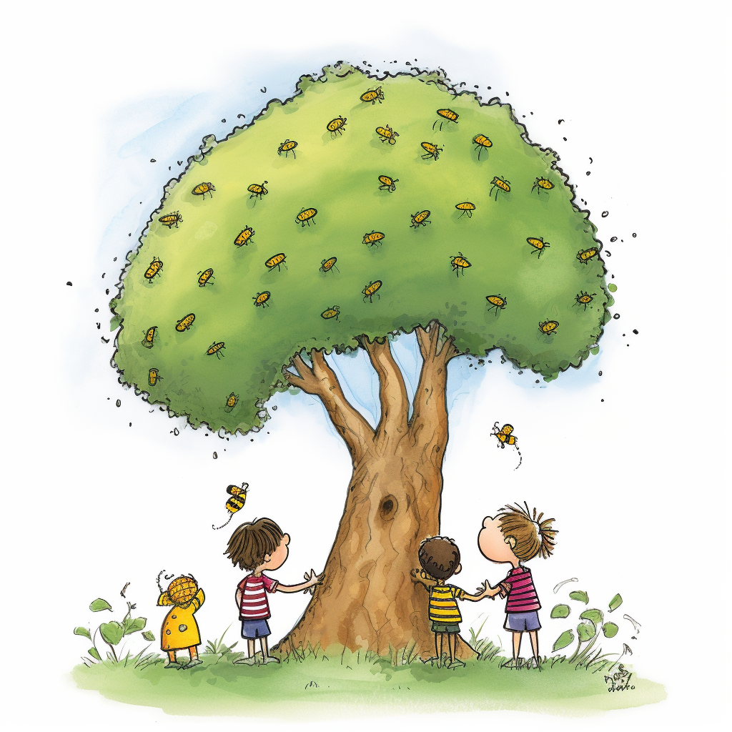 Children captivated by tree-top bee hive