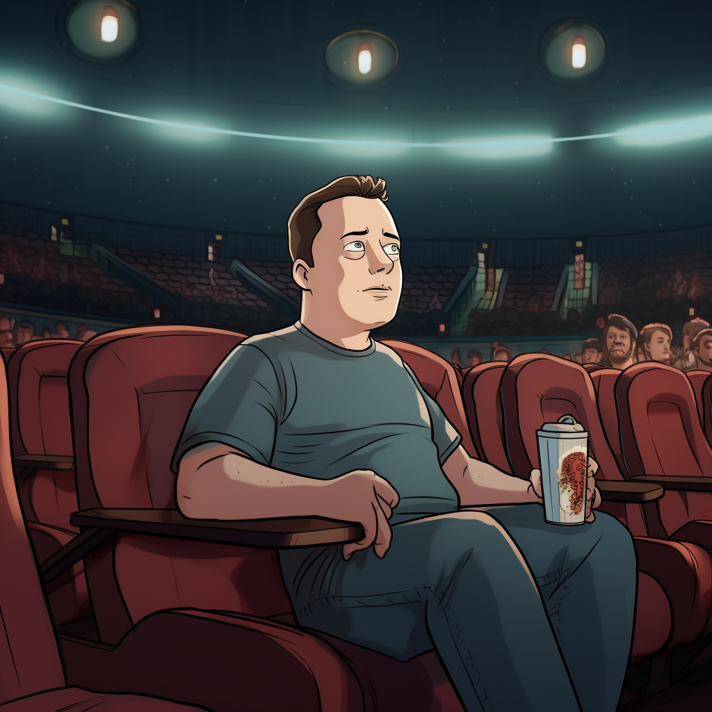 Cartoon Elon Musk at Dark Movie Theatre