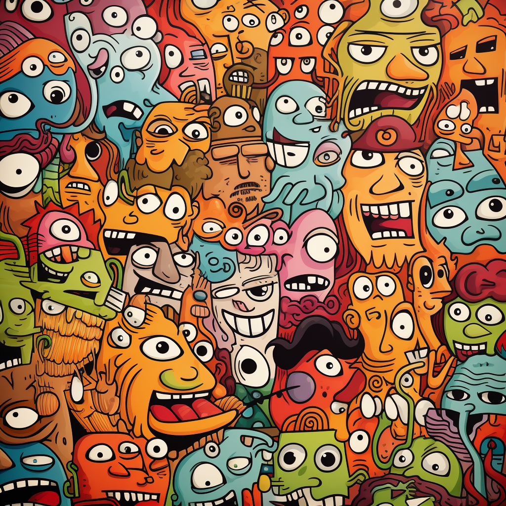 Colorful cartoon faces in doodle style