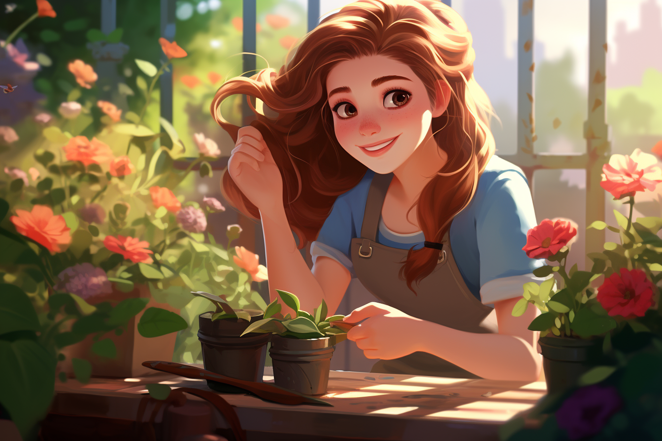 Young woman gardening in a cartoon garden