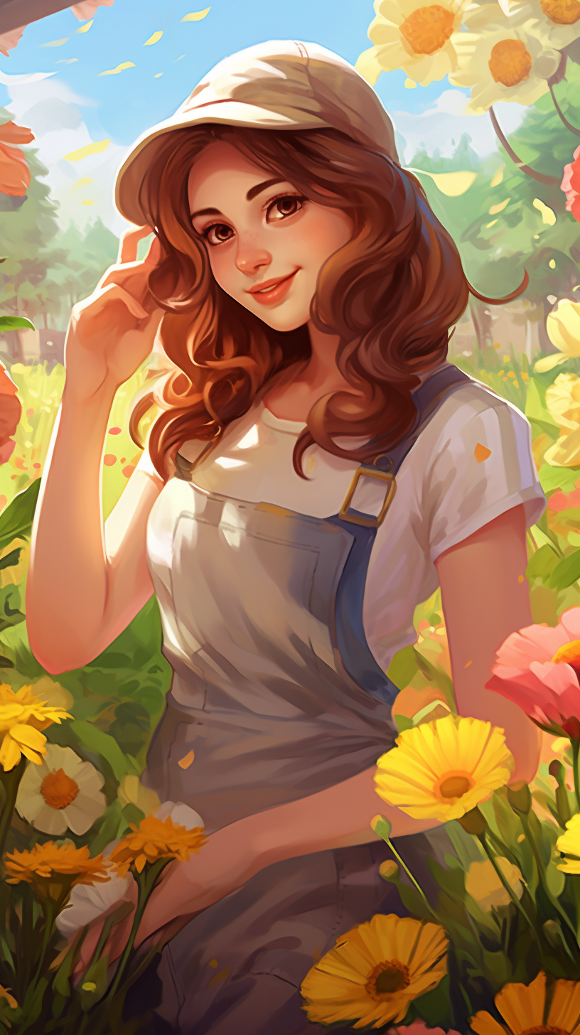 18-year-old woman gardening in a cartoon-style garden