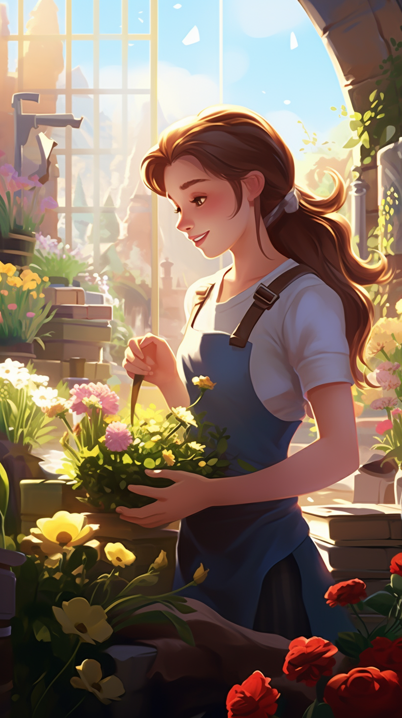 Young woman gardening in a cartoon style