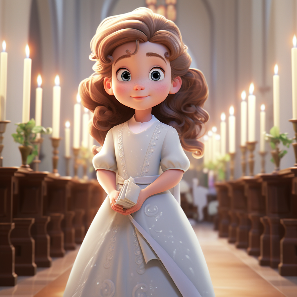 Pixar concept art of a cute girl dressed for a baptism