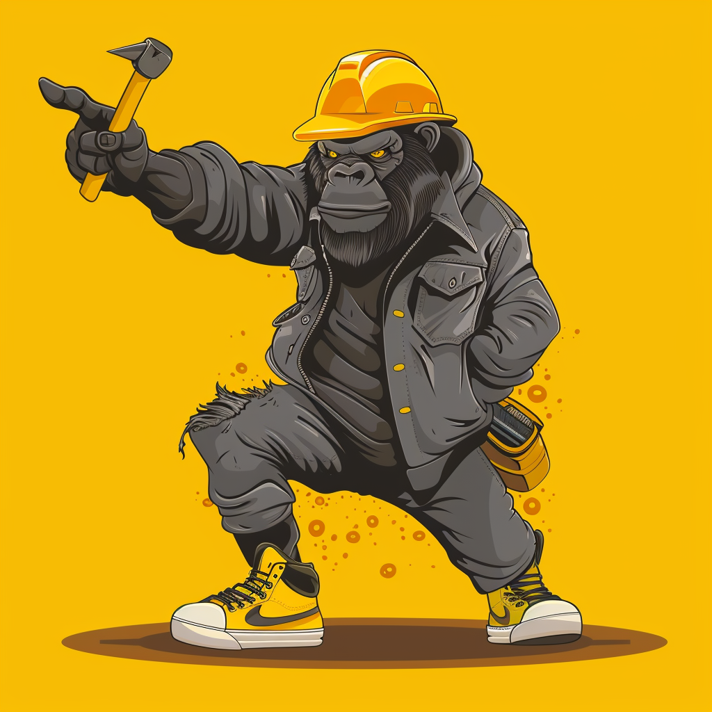 Cartoon gorilla construction worker pointing with hammer