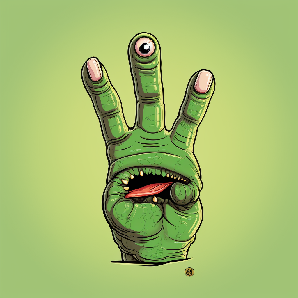 Cartoon hand giving a high five with snake-like tongue and teeth