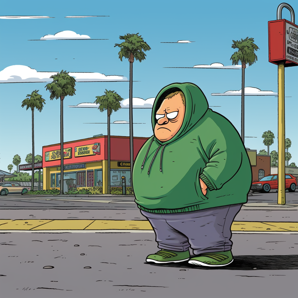 Cartoon Man in Chubby Green Hoodie and Shorts