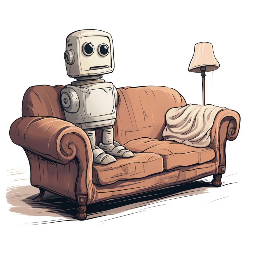 Cartoon robot standing looking at white couch