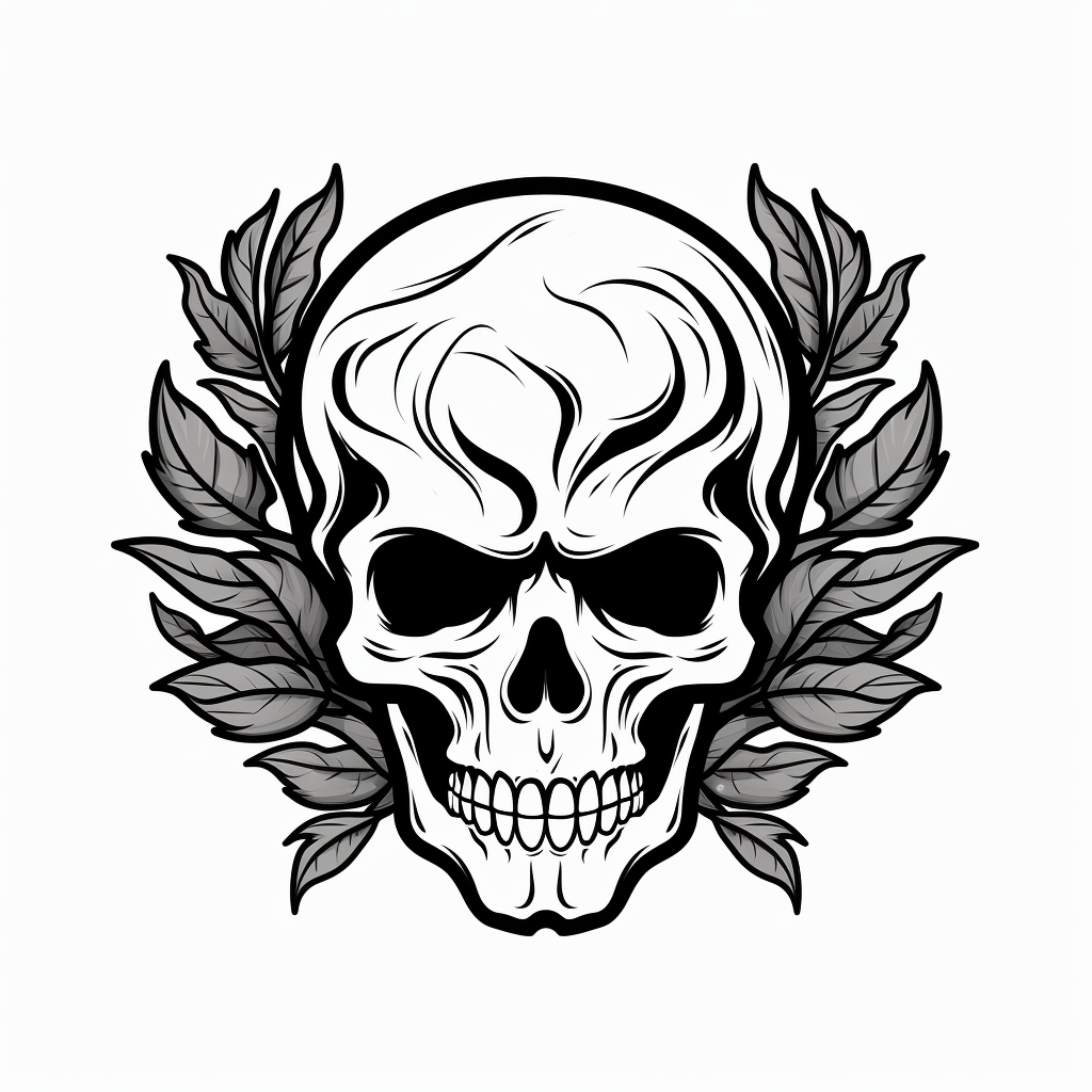 Black and white cartoon skull with laurel leaf