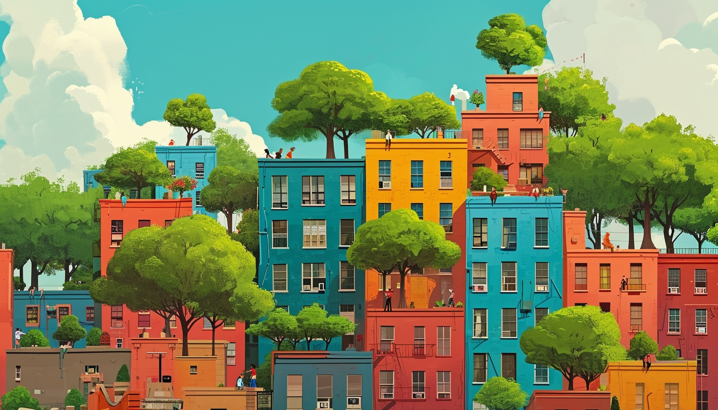 Cartoon trees people buildings realist