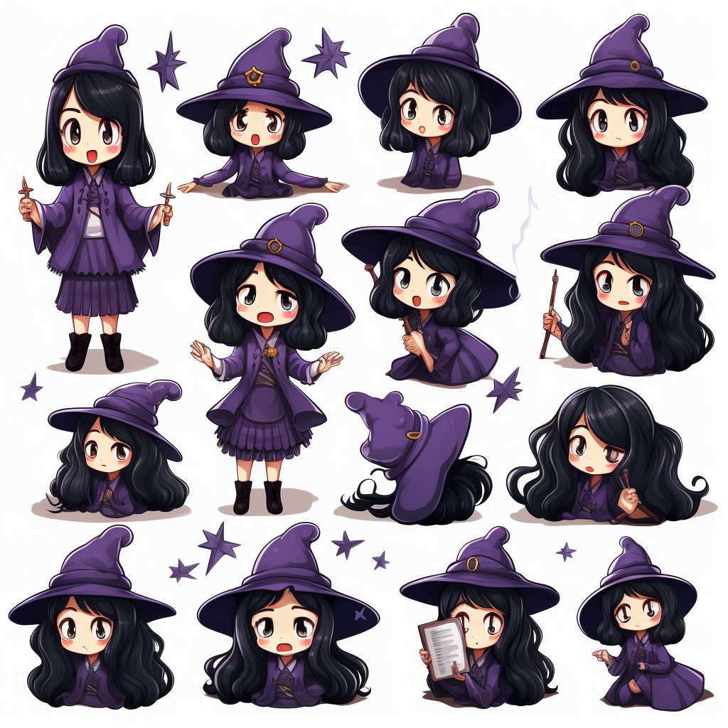 Cartoon witch with various expressions