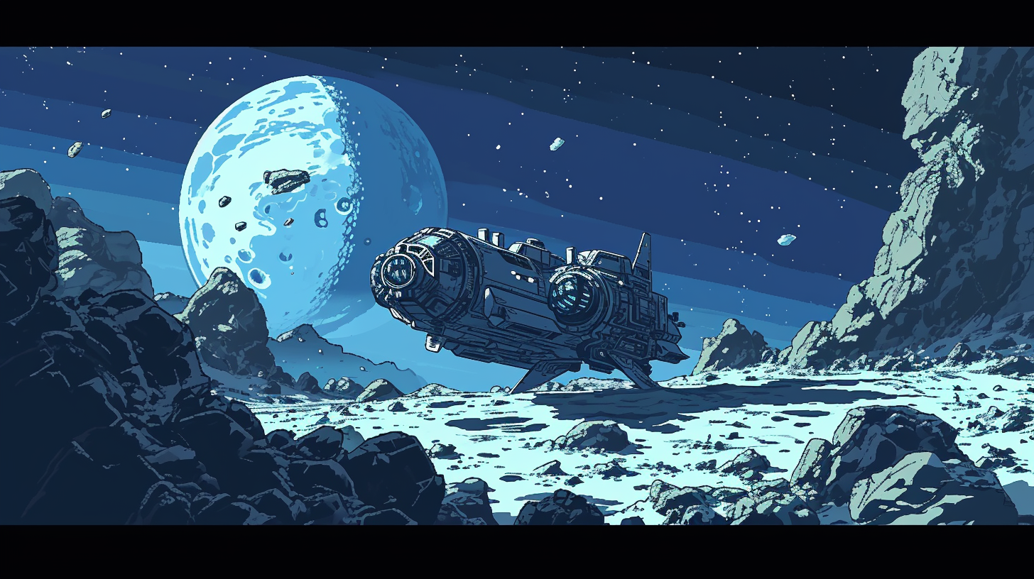 Cartoonish broken spaceship on moon