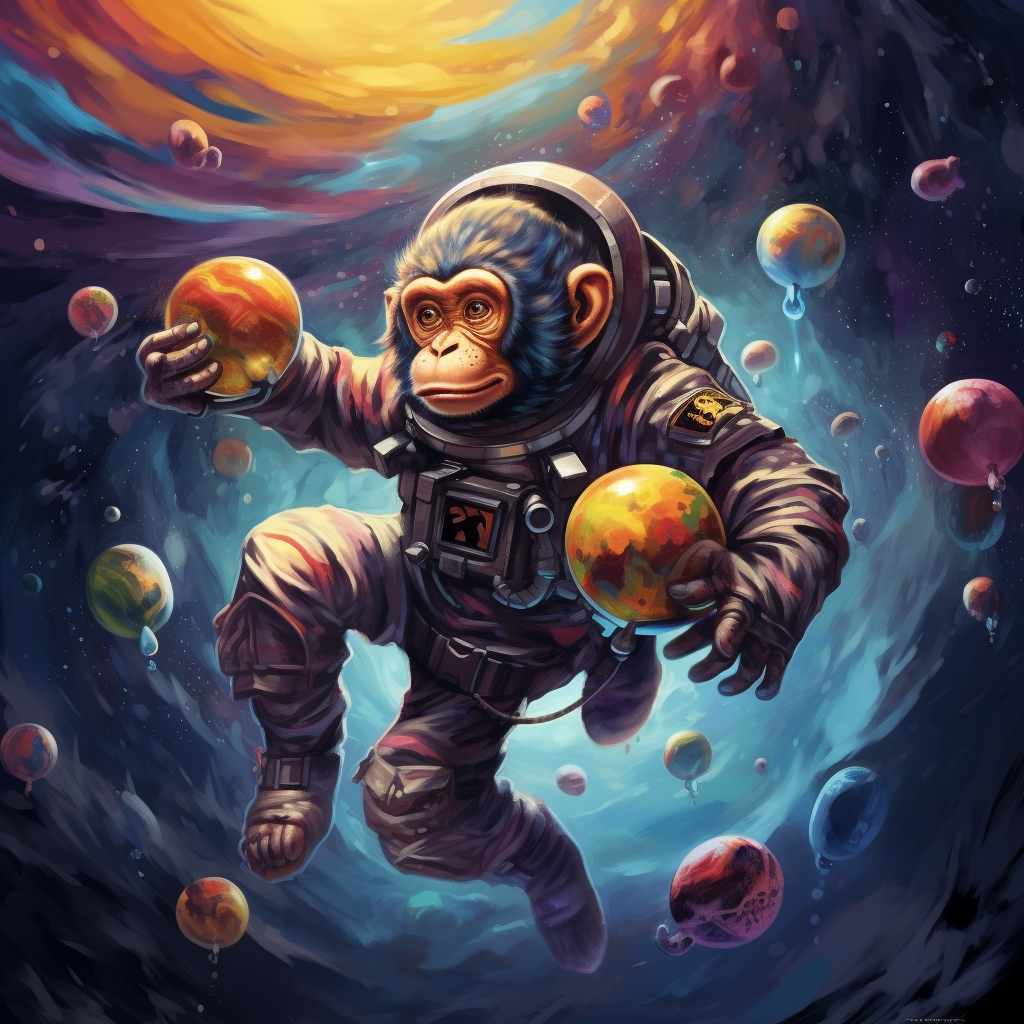 Cartoonish monkey floating in space among galaxies and planets