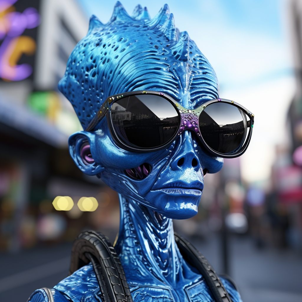 Cartoonish blue alien walking down city street