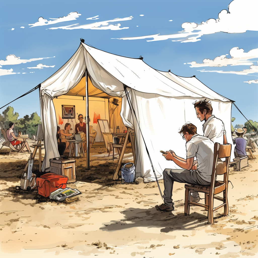 Cartoonist drawing person in open tent