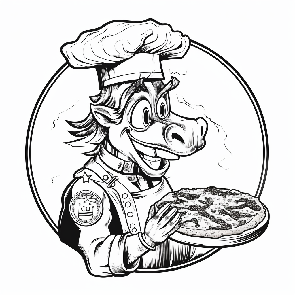 Cartoony horse wearing chef's hat holding a pizza