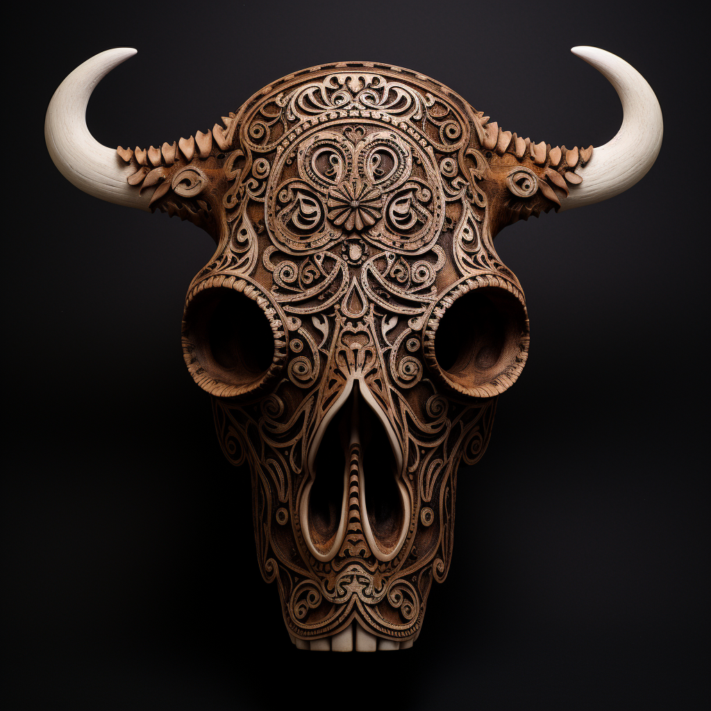 Carved bison skull with henna tattoo-like carvings