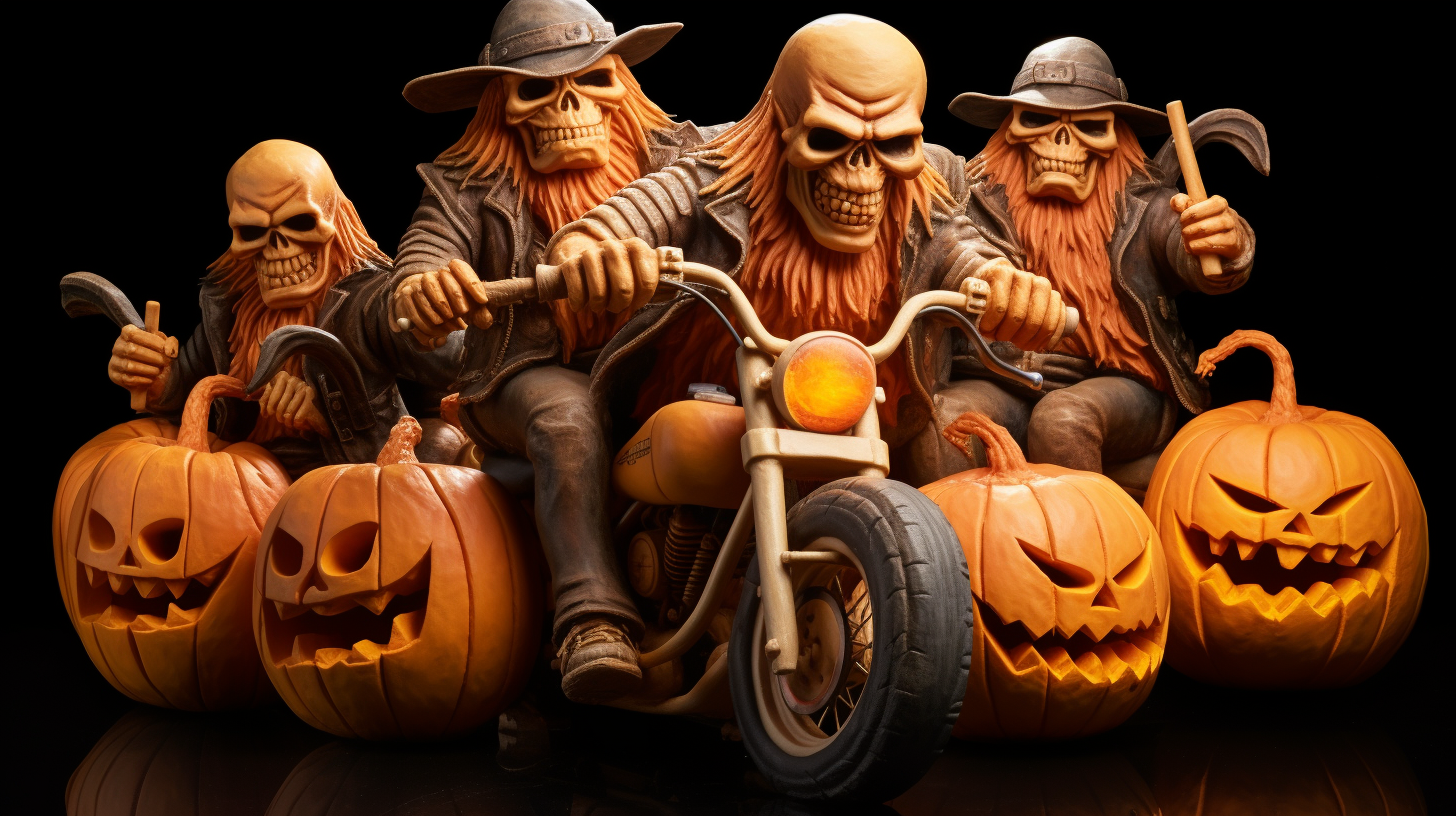 Carved pumpkin head with biker gang attire