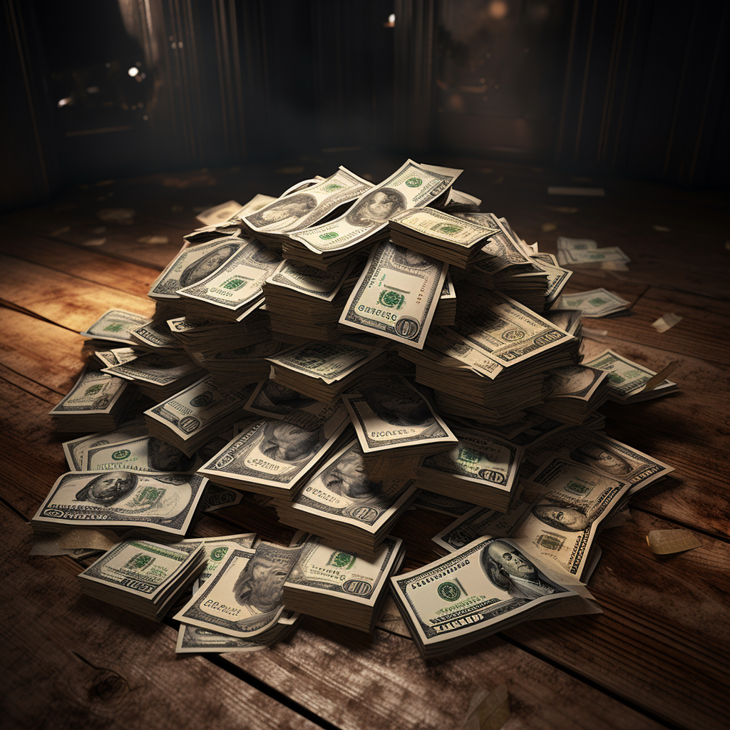 Photorealistic pile of cash on wooden table