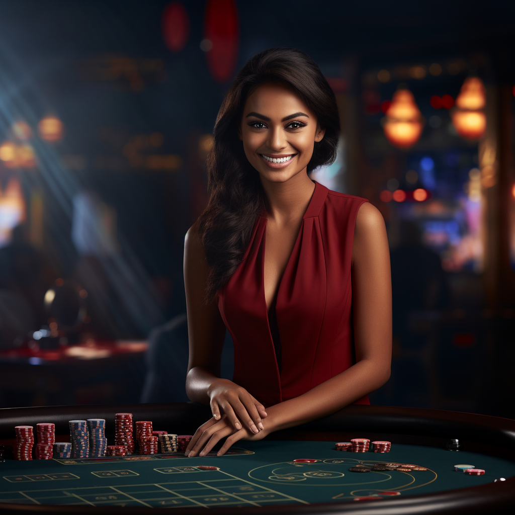 Smiling female casino dealer at a dark table