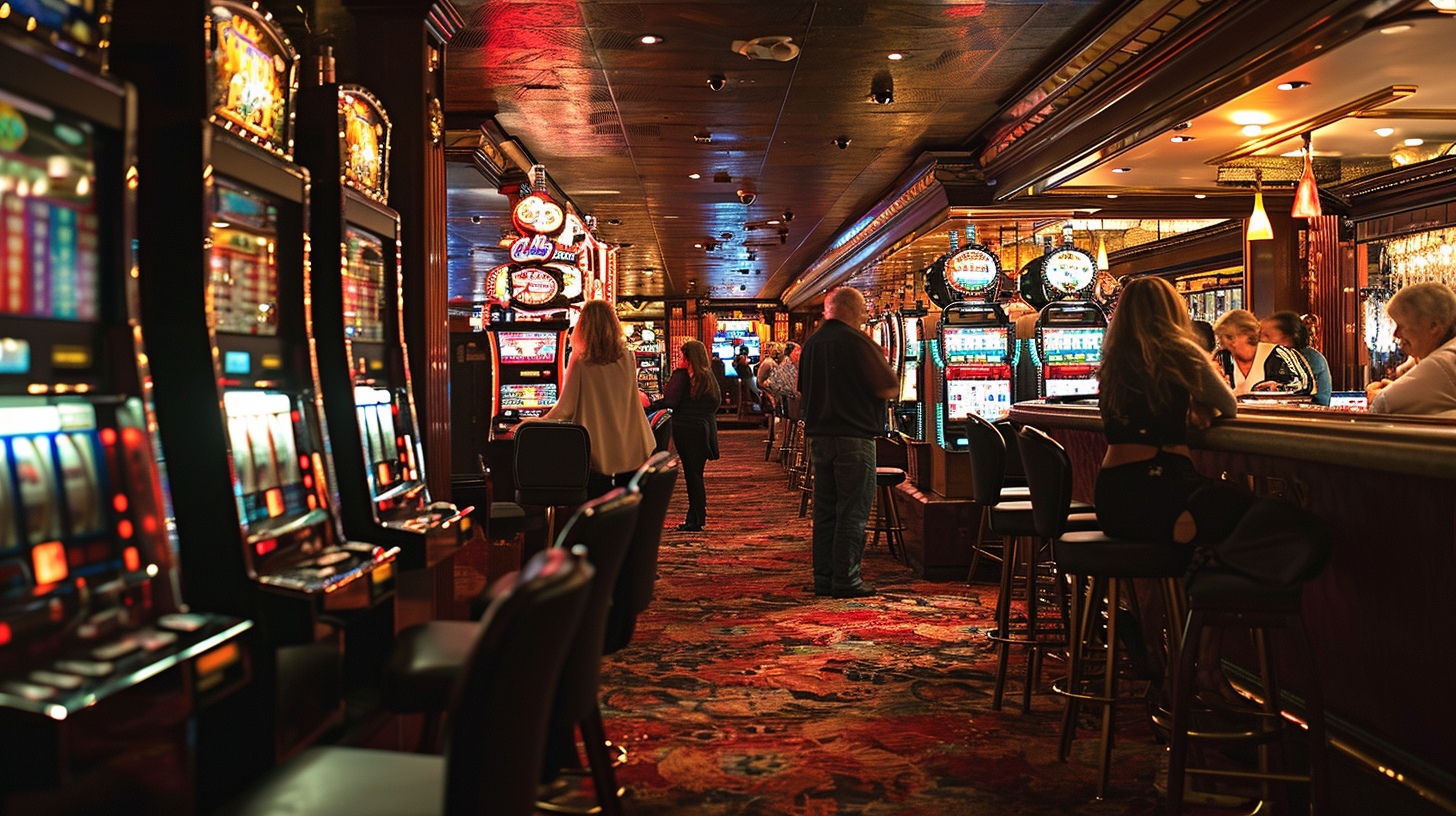 Couples celebrating jackpot at slot machines