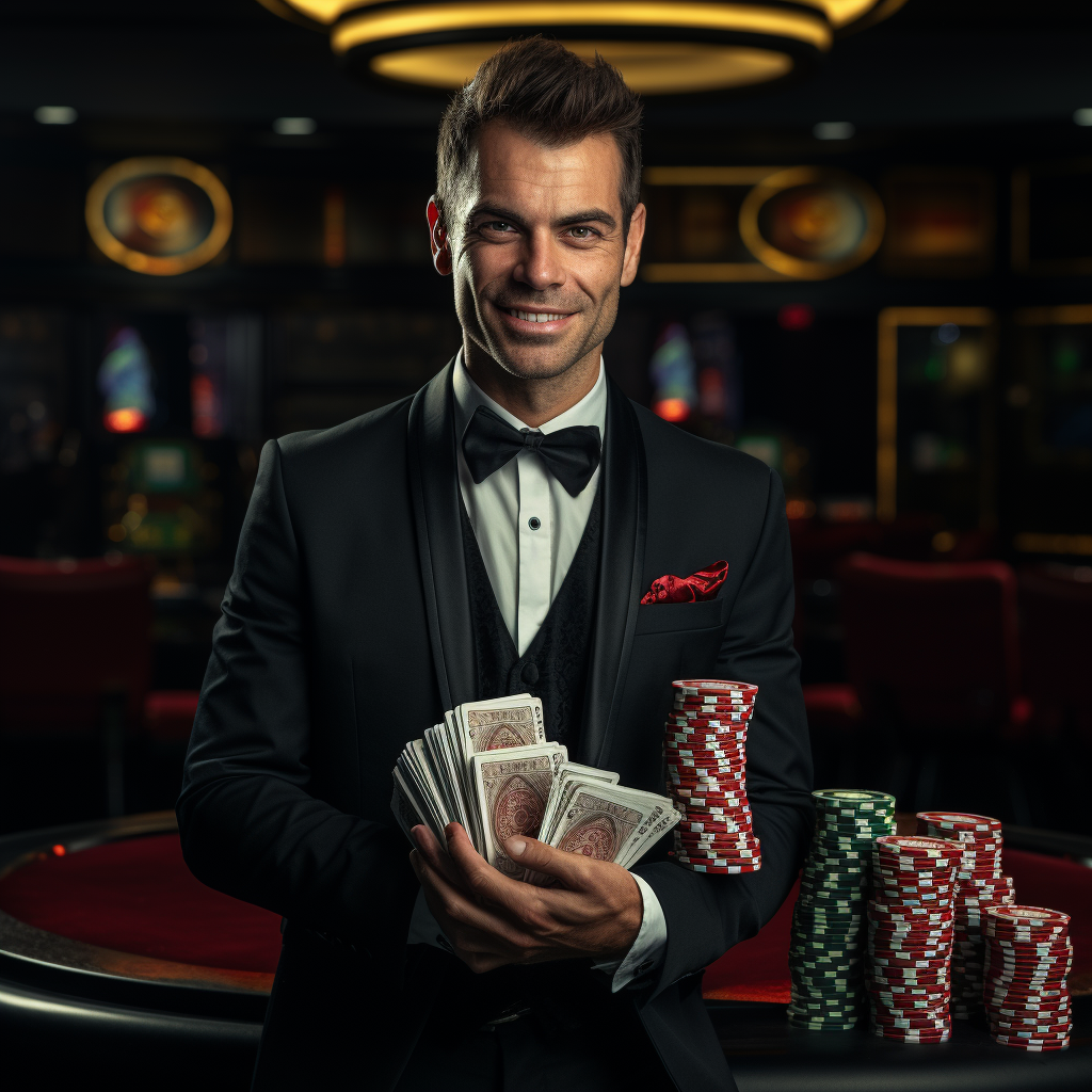 Smiling casino manager with Canadian dollars