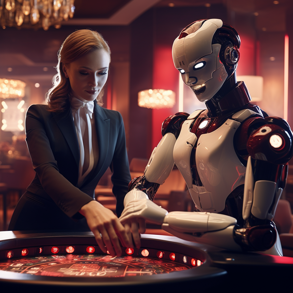 Female robot dealer managing casino roulette wheel