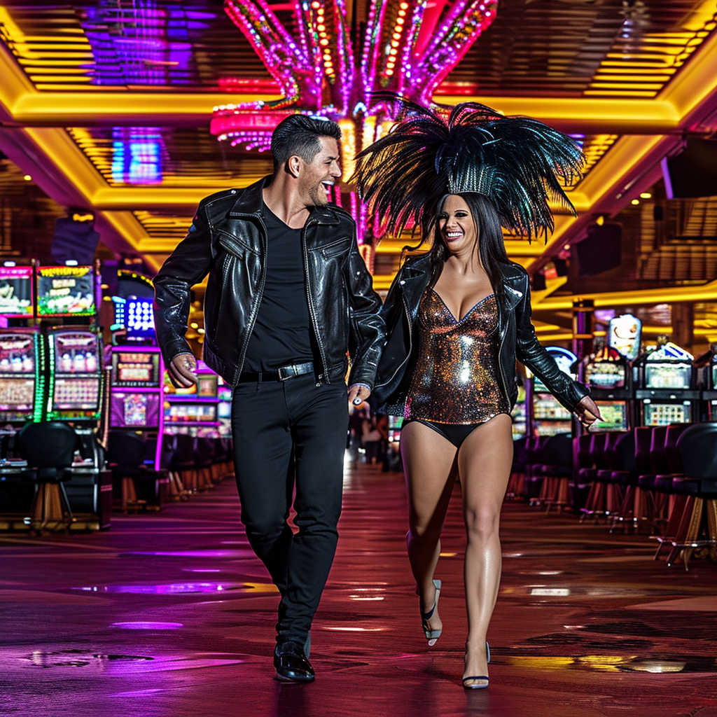 Man and Woman Running with Vegas Showgirl