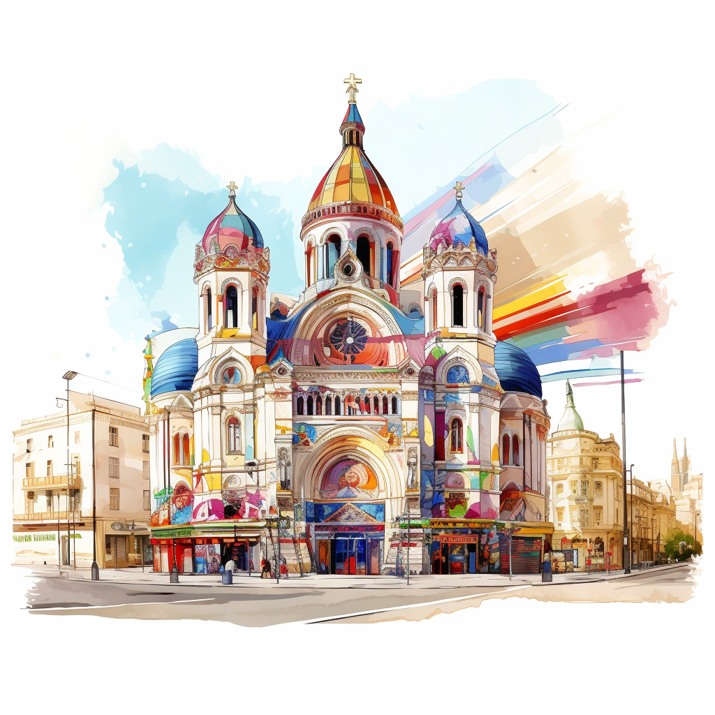 Colorful casino and church merge sketch