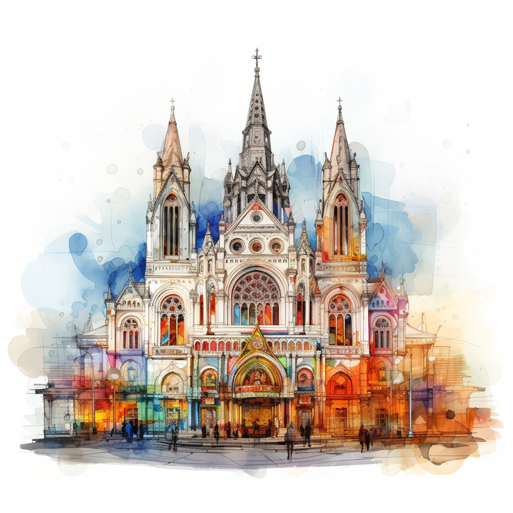 Colorful sketch of casino and church