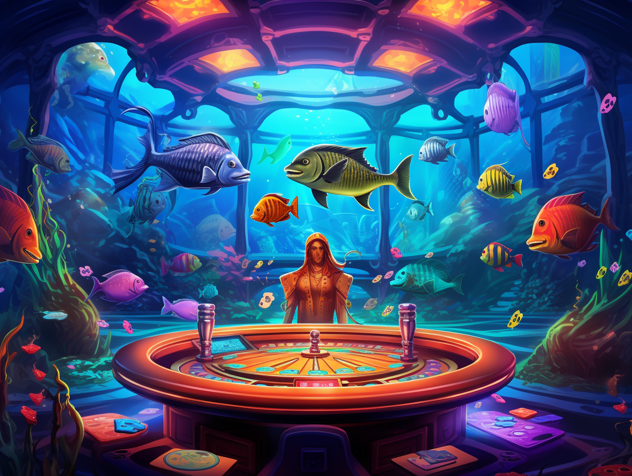 Colorful casino table fishing game with fishes and shotgun