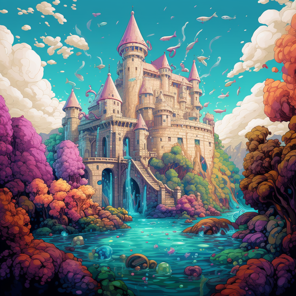 Castle courtyard with coral motif in pixel art style