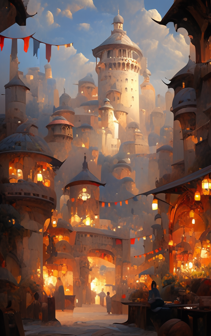 Detailed 3D oil painting of epic castle market