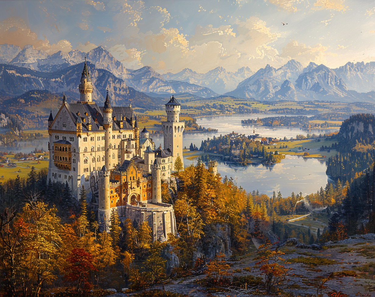 Vibrant watercolor painting of Neuschwanstein Castle