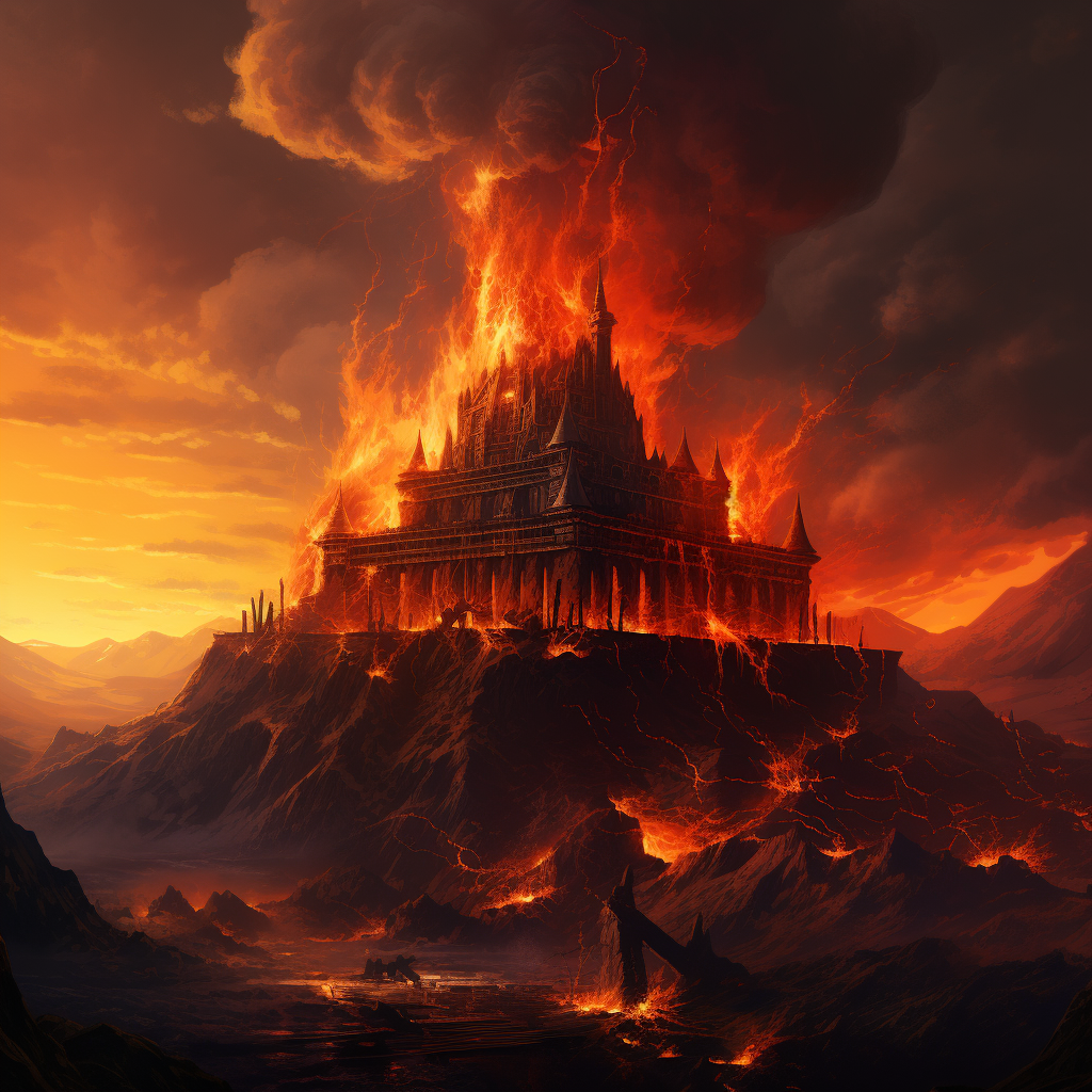 A majestic castle surrounded by a high volcano and flowing lava