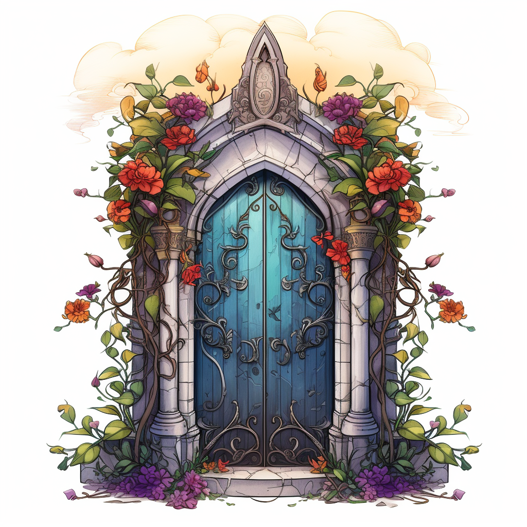 Colorful fantasy castle door illustration