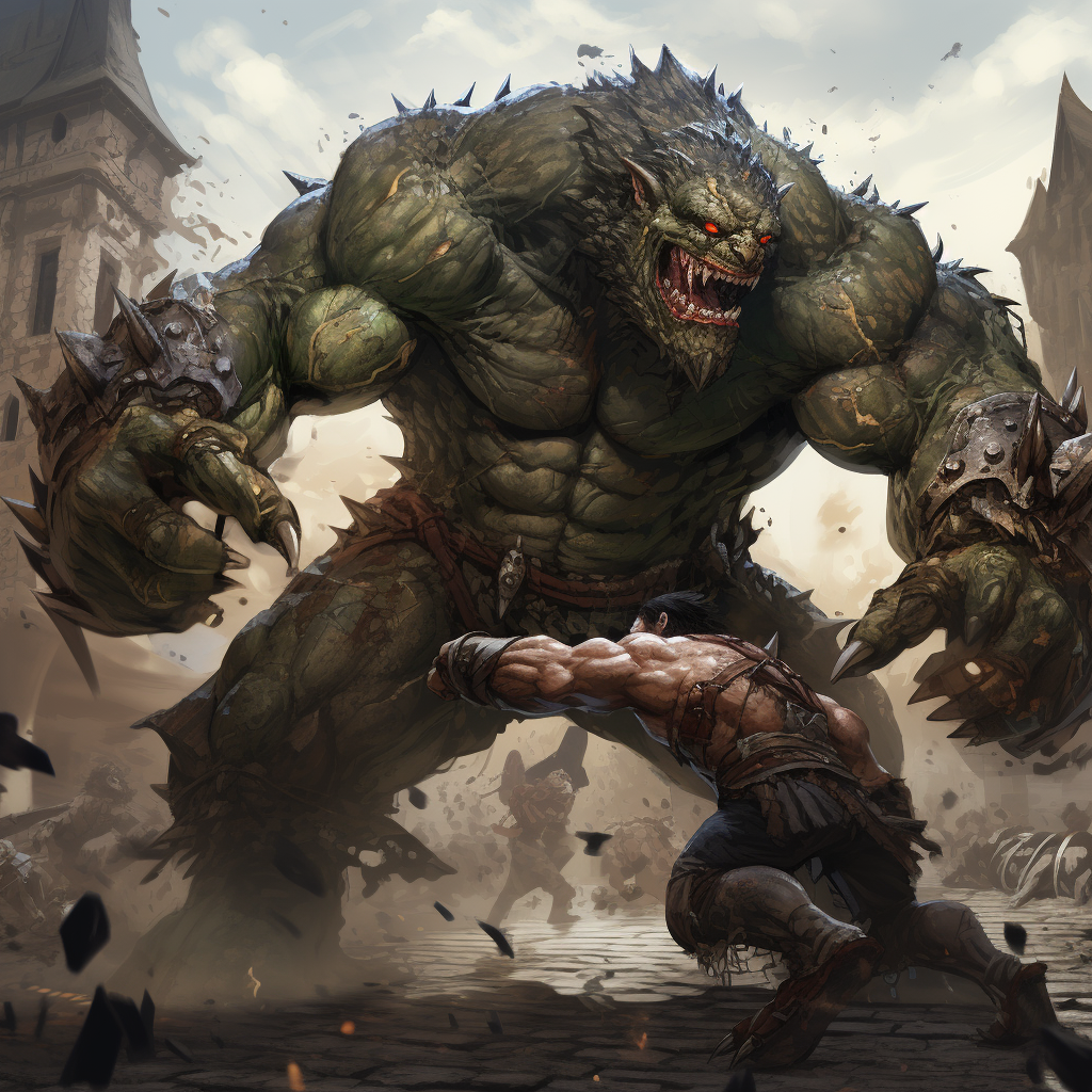 Mighty castlepunk orc fighting monstrous creature