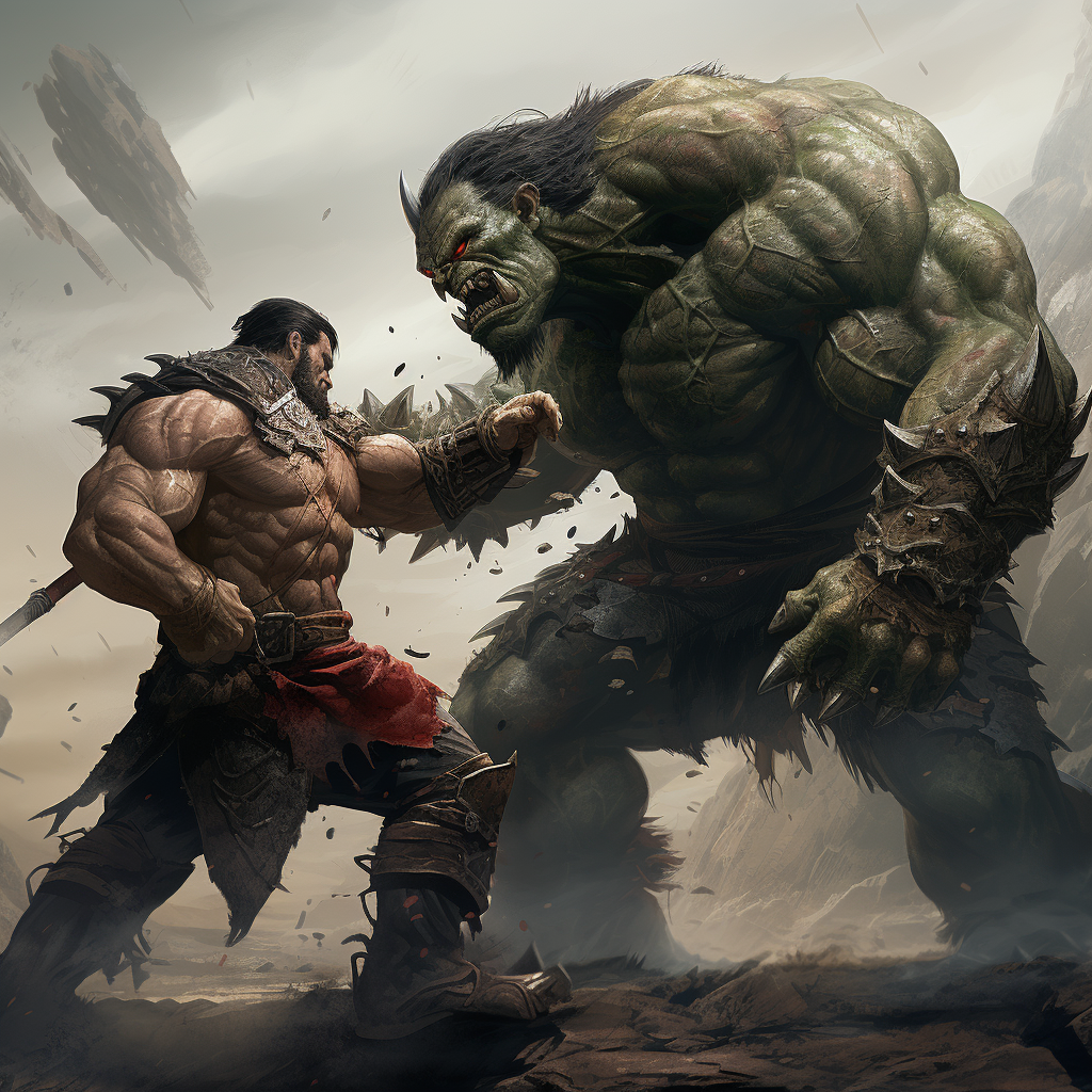 Muscular Castlepunk Orc fighting a demon in epic battle