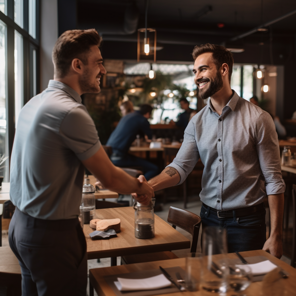 Two individuals in casual clothes shaking hands