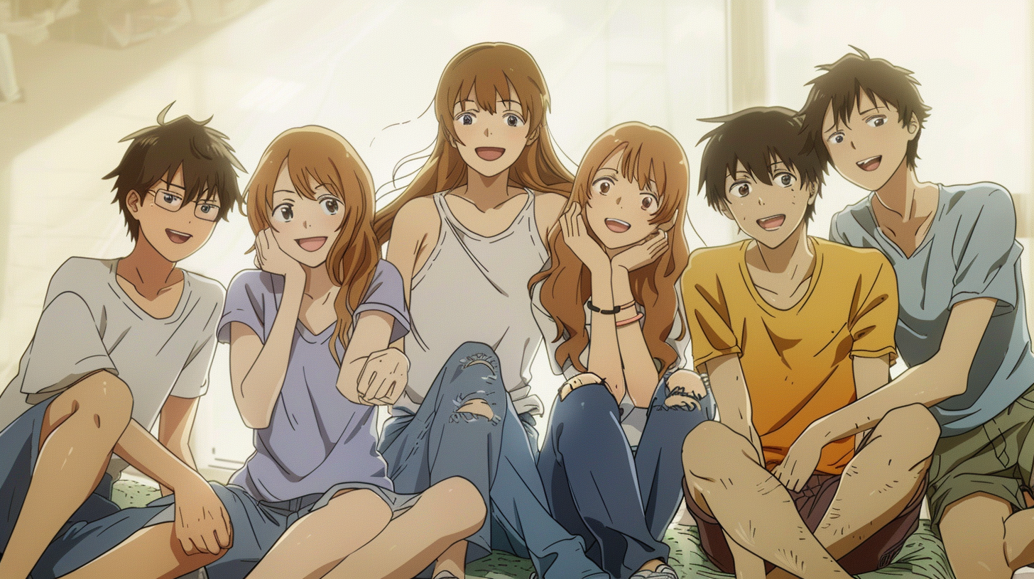 Six friends sitting together cheerfully