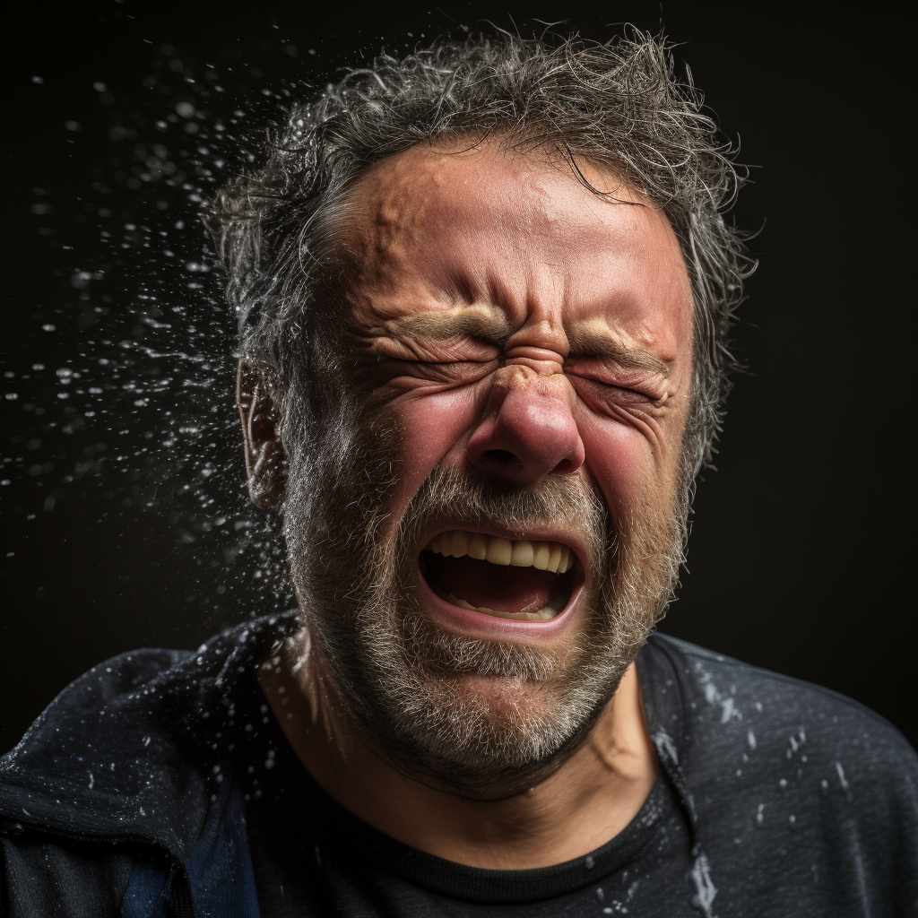 Casual man in his fifties sneezing dramatically