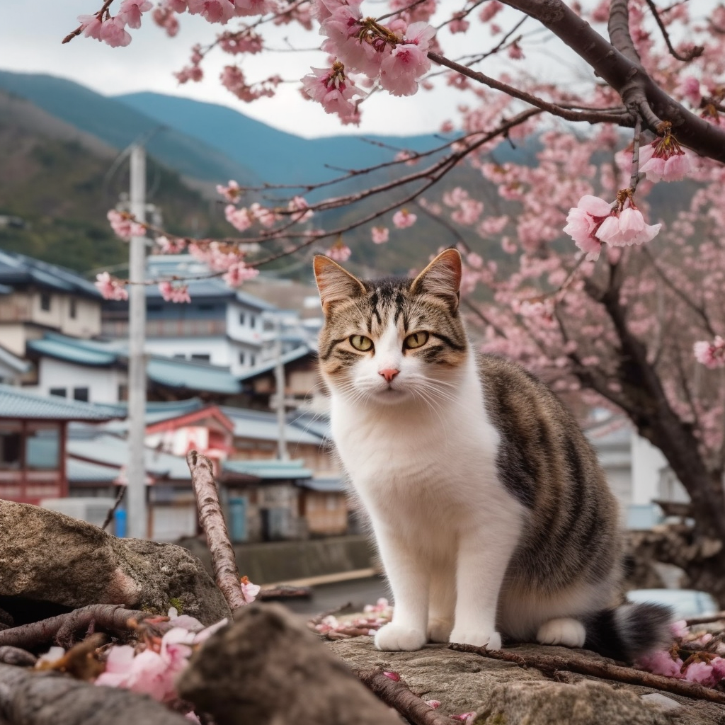 Cat Apocalypse in Sakura Blossoming Japanese Town