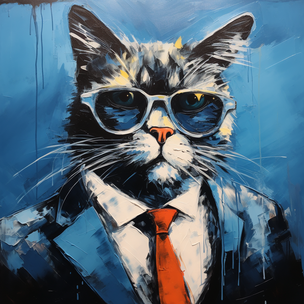 Cool cat wearing a black suit with blue glasses