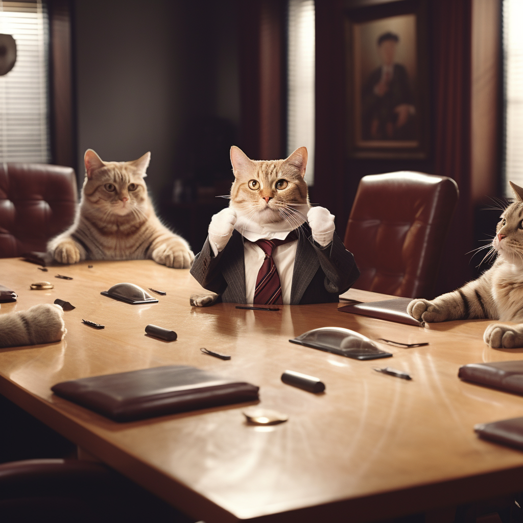 Smart cat posing as human in boardroom